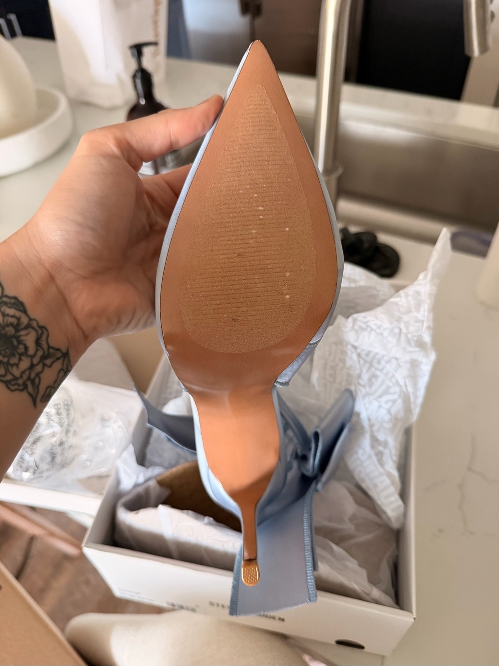 Steve Madden Light Blue Satin Pointed-Toe Slingback Heels with Bow - Picture 9 of 10